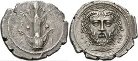 Cyrenaica, Barce
Tetradrachm, magistrate Akesios circa 360, AR 12.64 g. B – A / P – K / A – I Silphium plant. Rev. AKE – ΣIOΣ Facing head of Zeus Amm...
