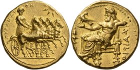 Cyrene
Stater circa 322-314, AV 8.62 g. KYPANAI – ΩN Slow quadriga driven r. by Nike, holding kentron and reins; above, sun. Rev. Zeus-Ammon seated l...
