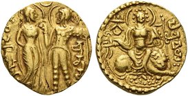 The Gupta Empire
Chandragupta I, circa 319 – 343 AD. Dinar, King and Queen type, circa 319-343, AV 7.61 g. Chandragupta I, nimbate, standing l., hold...