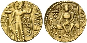 The Gupta Empire
Samudragupta, circa 344 – 378 AD. Dinar, Javelin type, circa 344-378, AV 7.72 g. King, nimbate, standing l., holding standard and dr...