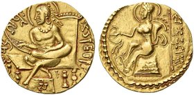 The Gupta Empire
Samudragupta, circa 344 – 378 AD. Dinar, Lyrist type, circa 344-378, AV 7.66 g. King, nimbate, seated l. on a low couch or throne, p...