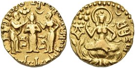 The Gupta Empire
Kumaragupta I, 409 – 450/452 AD. Dinar, Apratigha type, 409-450/452, AV 7.91 g. A male figure standing facing, wearing dhoti; hands ...