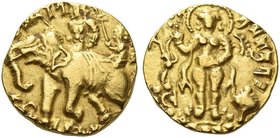 The Gupta Empire
Kumaragupta I, 409 – 450/452 AD. Dinar, Elephant-Rider type, 409-450/452, AV 7.88 g. King holding goad and seated on elephant advanc...
