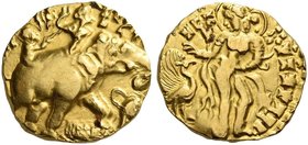 The Gupta Empire
Kumaragupta I, 409 – 450/452 AD. Dinar, Elephant-Rider, Lion Trampler type, 409-450/452, AV 8.17 g. King holding goad and seated on ...