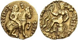 The Gupta Empire
Kumaragupta I, 409 – 450/452 AD. Dinar, Horseman type, 409-450/452, AV 8.17 g. King riding horse r. Rev. The goddess Lakshmi, nimbat...
