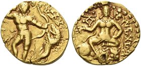 The Gupta Empire
Kumaragupta I, 409 – 450/452 AD. Dinar, Lion-slayer type, 409-450/452, AV 7.83 g. King standing r., holding bow and shooting lion wh...