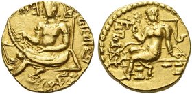 The Gupta Empire
Kumaragupta I, 409 – 450/452 AD. Dinar, Lyrist type, 409-450/452, AV 8.09 g. King, nimbate, sitting on a straight-backed couch and p...