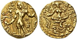 The Gupta Empire
Skandagupta, 448/449 – 467 AD. Dinar, Archer type, 448/449-467, AV 8.50 g. King standing l., wearing coat, trousers, boots, necklace...