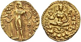 The Gupta Empire
Skandagupta, 448/449 – 467 AD. Dinar, Archer type, 448/449-467, AV 9.19 g. King, nimbate, standing l. and holding bow and arrow. In ...