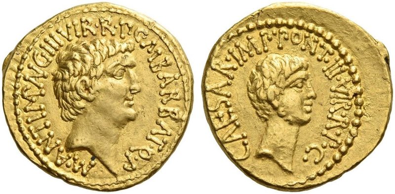 Marcus Antonius and C. Caesar Octavianus with M. Barbatius. Aureus, mint moving ...