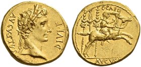 Octavian as Augustus, 27 BC – 14 AD. Aureus, Lugdunum 8 BC, AV 8.01 g. AVGVSTVS – DIVI F Laureate head r. Rev. C CAES Caius Caesar galloping r., holdi...