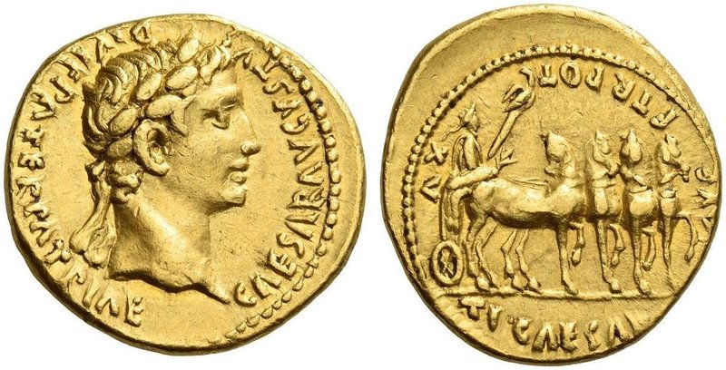 Octavian as Augustus, 27 BC – 14 AD. Aureus, Lugdunum 13-14 AD, AV 7.80 g. CAESA...