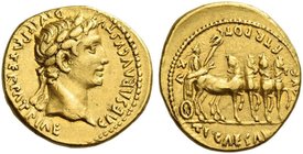 Octavian as Augustus, 27 BC – 14 AD. Aureus, Lugdunum 13-14 AD, AV 7.80 g. CAESAR AVGVSTVS - DIVI F PATER PATRIAE Laureate head r. Rev. AVG F TR POT –...
