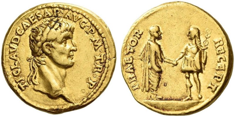 Claudius, 41 – 54. Aureus 41-42, AV 7.73 g. TI CLAVD CAESAR AVG P M TR P Laureat...