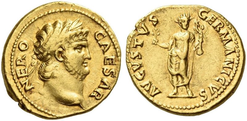Nero augustus, 54 – 68. Aureus 64-65, AV 7.39 g. NERO – CAESAR Laureate and bear...