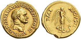 Vespasian, 69 – 79. Aureus, Lugdunum 71, AV 7.27 g. IMP CAES VESPASIAN AVG P M TR PPP COS III Laureate head r. Rev. PACI – AVGVSTI Pax-Nemesis advanci...