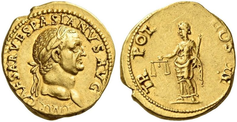 Vespasian, 69 – 79. Aureus, Lugdunum 71, AV 7.37 g. IMP CAESAR VESPASIANVS AVG L...
