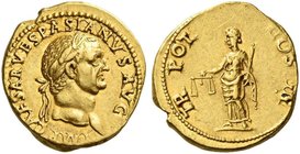 Vespasian, 69 – 79. Aureus, Lugdunum 71, AV 7.37 g. IMP CAESAR VESPASIANVS AVG Laureate head r. Rev. TR – POT – COS – III Aequitas standing l., holdin...
