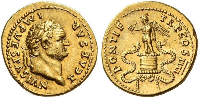 Titus caesar, 69 – 79. Aureus 75, AV 7.42 g. T CAESAR IMP VESPASIAN Laureate hea...