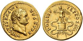 Titus caesar, 69 – 79. Aureus 75, AV 7.42 g. T CAESAR IMP VESPASIAN Laureate head r. Rev. PONTIF – TR P COS IIII Victory standing l. on cista mistica,...