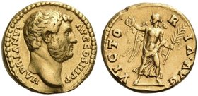 Hadrian augustus, 117 – 138. Aureus. 134-138, AV 6.65 g. HADRIANVS – AVG COS III P P Bare-headed bust r. Rev. VICTO–R – IA – AVG Victory advancing r.,...