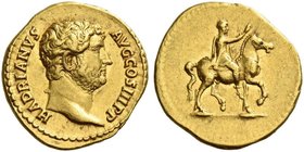 Hadrian augustus, 117 – 138. Aureus 134-138, AV 7.27 g. HADRIANVS – AVG COS III P P Bare head r. Rev. Emperor on horseback r., raising r. hand. C 1502...
