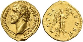 Antoninus Pius augustus, 138 – 161. Aureus 143-144, AV 7.11 g. ANTONINVS AVG – PIVS P P TR P COS III Laureate head l. Rev. IMPERA – TOR II Victory fly...
