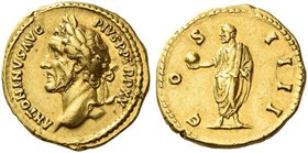 Antoninus Pius augustus, 138 – 161. Aureus 151-152, AV 7.27 g. ANTONINVS AVG – PIVS P P TR P XV Laureate head l. Rev. COS – IIII Antoninus standing l....