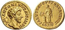 Marcus Aurelius augustus, 161 – 180. Aureus 163-164, AV 6.82 g. M ANTONINVS AVG IMP II Laureate head r. Rev. SALVTI AVGVSTOR TR P XVIII Salus standing...