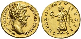 Marcus Aurelius augustus, 161 – 180. Aureus 168, AV 7.40 g. M ANTONINVS AVG ARM – PARTH MAX Laureate head r. Rev. TR P XXII IM P V – COS III Victory a...