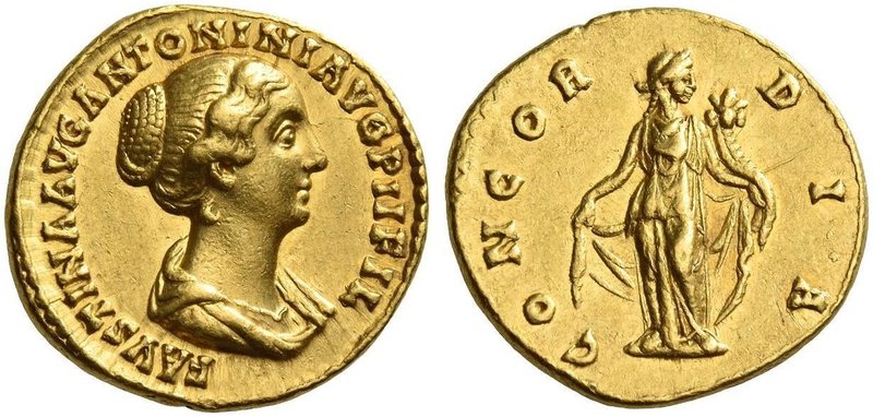 Faustina II, daughter of Antoninus Pius and wife of Marcus Aurelius. Aureus 147-...