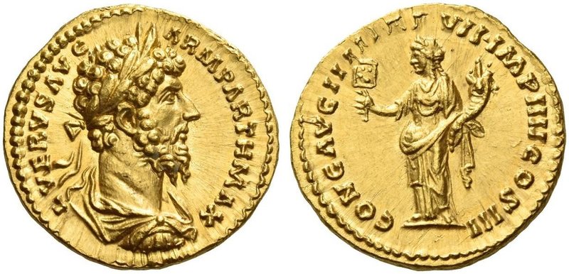 Lucius Verus, 161 – 169. Aureus 166-167, AV 7.31 g. L VERVS AVG ARM PARTH MAX La...