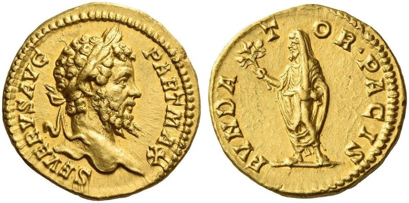 Septimius Severus, 193 – 211. Aureus 201, AV 7.27 g. SEVERVS AVG – PART MAX Laur...
