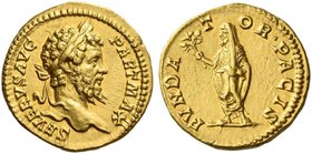 Septimius Severus, 193 – 211. Aureus 201, AV 7.27 g. SEVERVS AVG – PART MAX Laureate head r. Rev. FVNDA – T – OR·PACIS Septimius Severus veiled, stand...