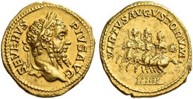 Septimius Severus, 193 – 211. Aureus 201-210, AV 7.30 g. SEVERVS – PIVS AVG Laureate head r. Rev. VIRTVS AVGVSTORVM Septimius Severus, Caracalla and G...