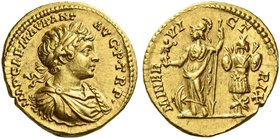 Caracalla, 198 – 217. Aureus circa 198, AV 7.31 g. IMP CAE·M·AVR·ANT – AVG·P·TR P· Laureate, draped and cuirassed bust r. Rev. MINER – VI – CT –RIX Mi...