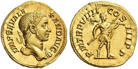 Severus Alexander, 222 – 235. Aureus 230, AV 6.11 g. IMP SEV ALE – XAND AVG Laureate bust r., with drapery on l. shoulder. Rev. P M TR P VIIII – CO – ...