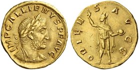 Gallienus joint reign with Valerian I, 253 – 260 and sole reign, 260 – 268. Aureus 257-258, AV 3.72 g. IMP GALLIENVS P F AVG Laureate and cuirassed bu...