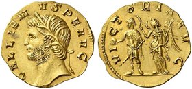 Gallienus joint reign with Valerian I, 253 – 260 and sole reign, 260 – 268. Aureus circa 265-266, AV 3.18 g. GALLIEN – VS P F AVG Head l., wearing wre...