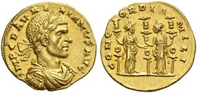 Aurelian, 270 – 275. Aureus, Siscia 271, AV 3.69 g. IMP C D AVRELIANVS AVG Laureate, draped and cuirassed bust r. Rev. CONC – ORDIA – MILI Two Concord...