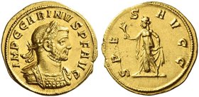 Carinus augustus, 283 – 285. Aureus, Siscia 284, AV 4.52 g. IMP C CARINVS P F AVG Laureate and cuirassed bust r., with drapery on l. shoulder. Rev. SP...