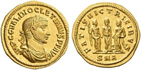 Diocletian, 284-305. Aureus, Antiochia 286, AV 5.39 g. IMP C G VAL DIOCLETIANVS P F AVG Laureate, draped and cuirassed bust r. Rev. FATIS VICTRICIBVS ...