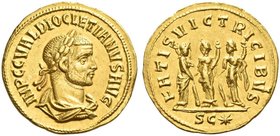 Diocletian, 284-305. Aureus, Cyzicus 286-287, AV 5.58 g. IMP C C VAL DIOCLETIANVS AVG Laureate, draped and cuirassed bust r. Rev. FATIS VICTRICIBVS Th...
