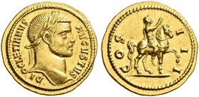 Diocletian, 284-305. Aureus, Antiochia 287-290, AV 5.51 g. DI – OCLETIANVS – AVGVSTVS Laureate head r. Rev. COS – II – I Emperor on horseback r., rais...
