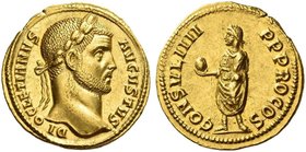 Diocletian, 284-305. Aureus, Cyzicus 290, AV 5.25 g. DI – OCLETIANVS – AVGVSTVS Laureate head r. Rev. CONSVL IIII – P P PRO COS Emperor togate, standi...