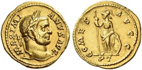 Maximianus augustus, first reign 286 – 305. Aureus, Treveri 294, AV 5.50 g. MAXIMI – ANVS AVG Laureate head r. Rev. COMES AVGG Minerva standing l., ho...