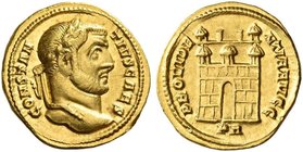 Constantius I Chlorus caesar, 293 – 305. Aureus 294-299, AV 5.44 g. CONSTAN – TIVS CAES Laureate head r. Rev. PROVIDE – NTIA AVGG Camp gate with three...