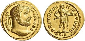 Galerius Maximianus caesar, 293 – 305. Aureus, Siscia 295-296, AV 5.99 g. MAXIMIA – NVS NOB C Laureate head r. Rev. PRINCIPI IV – V – ENTVTIS The Prin...