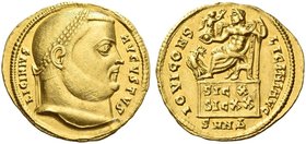 Licinius I, 308 – 324. Aureus, Nicomedia 317, celebrating the Decennalia of November 11, AV 5.24 g. LICINIVS – AVGVSTVS Laureate head r. Rev. IOVI CON...