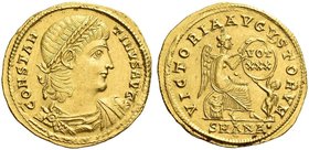 Constantine II augustus, 337 – 340. Solidus, Antiochia 337-347, AV 4.51 g. CONSTAN – TINVS AVG Laureate, draped and cuirassed bust r. Rev. VICTORIA AV...